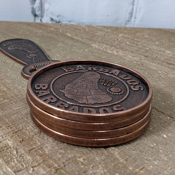 Metal coaster set, copper color vacation souvenir coaster, Barbados coasters - Picture 3 of 7